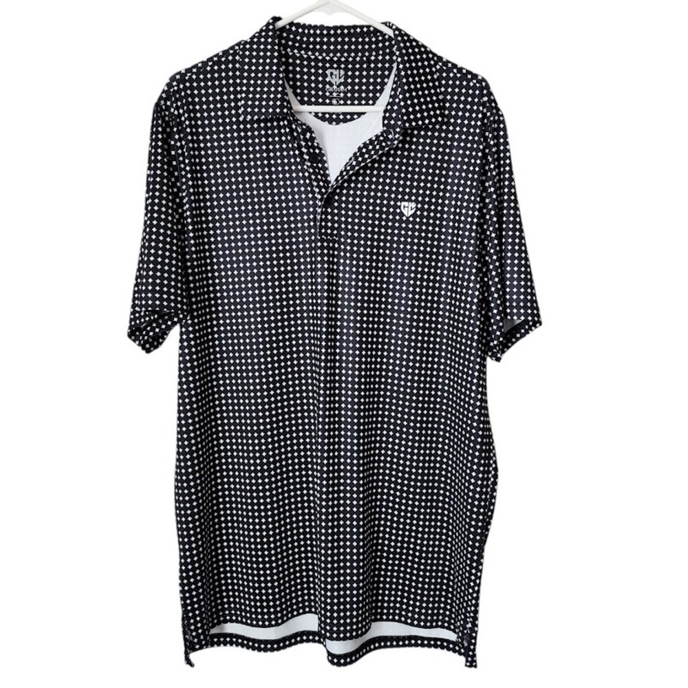 GRAHAM LUXE Men's Polo Shirt Black‎ White Dot Geometric Print Size L